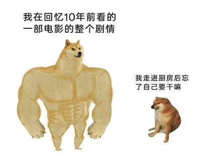 这是一张左右布局的搞笑梗图，左侧是经过P图改编的肌肉版柴犬（Doge），它有着健硕的人类肌肉身材和柴犬头部，配文“我在回忆10年前看的一部电影的整个剧情”，展现出超强的远期记忆力；右侧是经典的普通柴犬（Doge），它蹲坐在地面上，配文“我走进厨房后忘了自己要干嘛”，呈现出对当下小事的健忘状态。图中通过这种极端的记忆力反差，调侃了生活中常见的“对久远记忆清晰，对当下琐事健忘”的有趣现象，用夸张的视觉形象和文字对比制造出强烈的搞笑效果，引发共鸣。