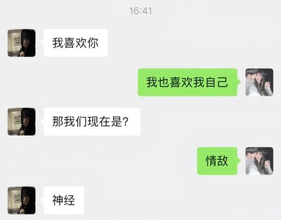 这是一张竖屏手机格式的聊天记录静态截图，展示了一段趣味十足的表白对话。左侧用户向右侧用户发送“我喜欢你”的表白内容，右侧用户故意曲解表白含义，回复“我也喜欢我自己”，当左侧用户追问“那我们现在是？”时，右侧用户玩梗回复“情敌”，将两人设定为都喜欢自己的“情敌”，以此幽默地拒绝表白，最后左侧用户无奈回复“神经”，整段对话充满了搞笑的反差感，用玩梗的方式制造了趣味效果。
