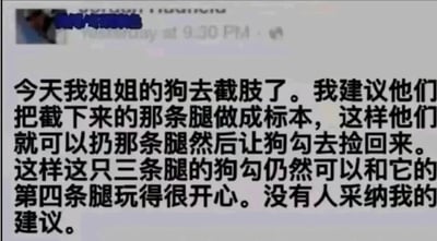 这是一张社交媒体截图，内容为用户分享的一段黑色幽默文字：姐姐的狗截肢后，用户建议将截下的腿做成标本，让三条腿的狗仍能通过捡标本腿与“第四条腿”玩耍，但该建议未被采纳。文字以轻松调侃的语气描述了一个略带荒诞的场景，展现出一种黑色幽默的风格。