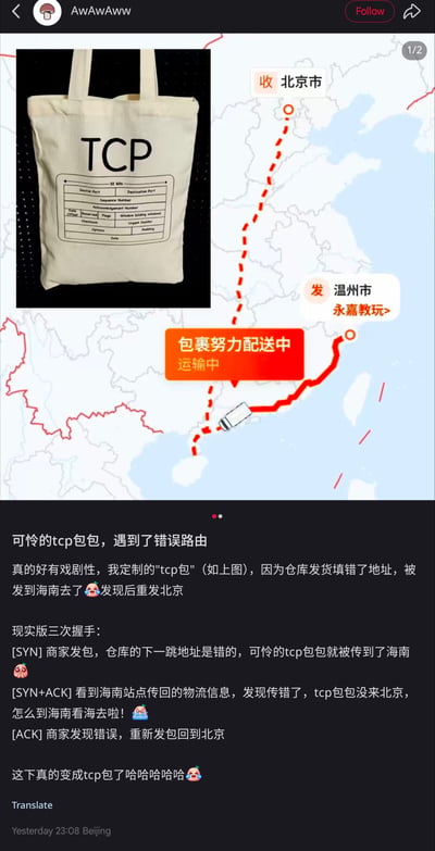 图片上半部分展示了一个印有'TCP'字样及协议表格的米色帆布包，旁边是一张快递追踪地图，显示包裹从温州市永嘉发出，目标北京，但路线出现错误绕道海南，地图中标注'包裹努力配送中 运输中'。下半部分是用户'AWAWAwv'的社交媒体帖子，讲述自己定制的'TCP包'因仓库填错地址被发到海南，后重新发货的经历，并幽默地将这一过程类比为TCP协议的三次握手：[SYN]商家发包（仓库地址错误导致发往海南）、[SYN+ACK]发现错误（海南站点传回物流信息）、[ACK]纠正错误（重新发包到北京），最后调侃'这下真的变成tcp包了'。