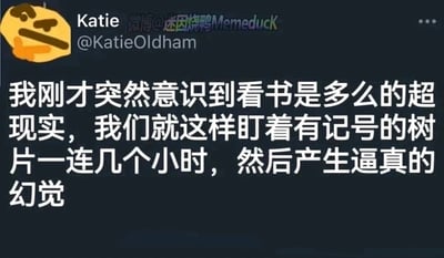这是一张深色背景的社交媒体截图，左上角是一个斜眼撇嘴、神态嫌弃无语的搞怪黄色表情，表情右侧标注着用户“Katie @KatieOldham”的账号信息，右上角带有“微博@迷因烧鸭Memeduck”的水印。图中核心是Katie发布的一段趣味文字：“我刚才突然意识到看书是多么的超现实，我们就这样盯着有记号的树片一连几个小时，然后产生逼真的幻觉”，这段内容以幽默荒诞的视角解构日常读书行为，将书籍调侃成“有记号的树片”，把人们看书时沉浸其中、代入书中情境的体验形容为“产生逼真的幻觉”，用新奇的表达赋予普通的读书行为趣味性。