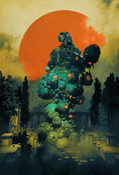 这幅超现实主义风格的艺术作品展现了一个梦幻般的场景：画面中央矗立着一座巨大的、由多个不规则有机球体堆叠而成的神秘结构，球体表面呈现深绿色调，点缀着发光的橙色孔洞，仿佛蕴含着生命能量。背景中是一轮占据天空大部分空间的红色巨日，散发着温暖而强烈的光芒，周围环绕着淡黄色的云层。结构底部可以看到古典风格的建筑元素，包括柱子和雕像，暗示着某种古老文明的遗迹。整个画面色彩对比强烈，构图充满奇幻色彩，营造出神秘而壮观的氛围。