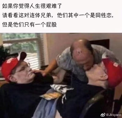 这是一张充满黑色幽默的网络梗图，通过视觉错位的拍摄/拼接手法，将两位并排坐在轮椅上的男子伪装成共享下半身的“连体兄弟”。图上方配有文字：“如果你觉得人生很艰难了，请看看这对连体兄弟，他们其中一个是同性恋，但是他们只有一个屁股”，虚构了一个极端荒诞、充满矛盾的困境，以此调侃“人生艰难”的负面情绪，用夸张离谱的假设让观者产生“自己的困境其实没那么糟”的反差感，达到搞笑和解压的效果，无谐音、双关等额外梗点，纯靠荒诞设定制造笑点。