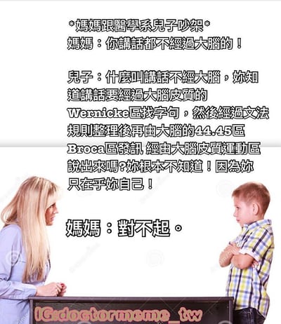 这是一张搞笑梗图，描绘了妈妈与医学系儿子吵架的场景。妈妈指责儿子"讲话都不经过大脑"，儿子则用专业的神经科学知识详细解释了语言产生的大脑机制，包括Wernicke区、Broca区等大脑区域的功能，最后妈妈出人意料地道歉。图中妈妈和儿子面对面站立，表情严肃，形成有趣的对比。