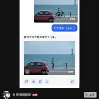 这是一张上下拼接的对比梗图，上图呈现的是道路场景，粉色小车旁停着一辆自行车，配有对白气泡文字‘把自行车扛走了’；下图则是粉色小车停在海边，旁边站着一名路人，配文‘我将为你去翻越那座自行车’。该图玩了流行歌词的谐音梗，将原歌词‘我将为你去翻越那座山’中的‘山’替换成‘自行车’，结合上图自行车被扛走的设定，制造出荒诞搞笑的反差效果。