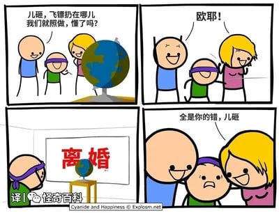 这是一组四格连环漫画，采用荒诞搞笑的黑色幽默风格。第一格中，父亲对着蒙住眼睛的孩子说道“儿砸，飞镖扔在哪儿我们就照做，懂了吗？”，母亲站在地球仪旁注视着孩子；第二格中，孩子扔出飞镖后，父母二人兴奋地欢呼“欧耶！”；第三格中，摘下眼罩的孩子看到前方的牌子上写着“离婚”，飞镖正扎在牌子上的地球仪上；第四格中，父母二人将离婚的责任全部推给孩子，对着委屈皱眉的孩子说道“全是你的错，儿砸”。漫画通过这一荒诞情节，讽刺了部分成年人不愿为自身的决定承担责任，反而将过错推诿给无辜孩子的行为。