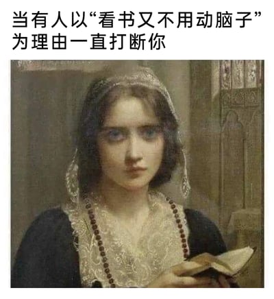 这是一张用于表达日常情绪的梗图，采用图文混排的形式，上方配文“当有人以‘看书又不用动脑子’为理由一直打断你”，下方是经过P图改编的西方古典肖像油画：画中女性手持书本，原本的写实眼部被修改为空洞无神且带着愠怒的状态，精准还原了人们在专注看书时，被他人以不理解的理由无端打断时的烦躁、无语与无奈，通过古典画作的夸张化表情放大这种日常憋屈的情绪，极易引发有类似经历的用户的共鸣，是当代人借助古典艺术表达日常情绪的典型创作。