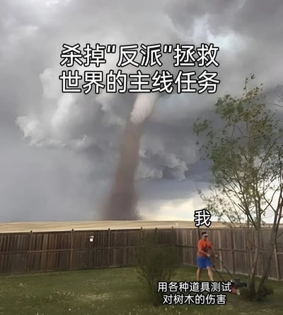图片展示了一个强烈的反差场景：背景是巨大的龙卷风席卷天空，乌云密布，仿佛世界末日般的"拯救世界主线任务"场景，而前景中一名身穿橙色上衣和蓝色短裤的男子却在自家后院淡定地修剪草坪，旁边配文"我 用各种道具测试对树木的伤害"。通过夸张的背景灾难与日常琐事的对比，营造出幽默搞笑的效果，调侃了人们面对宏大叙事时专注于微小事物的反差感。