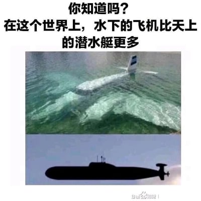 这是一张上下对比的图文混排梗图，上方展示了一架部分机身没入水中的飞机，呈现出“水下飞机”的视觉效果；下方则是一个潜艇的黑色剪影，放置在天空背景中，营造出“天上潜水艇”的画面。图的上方配有文字“你知道吗？在这个世界上，水下的飞机比天上的潜水艇更多”，这句话是基于现实的趣味表述：现实中不存在能够在天上飞行的潜水艇，而因事故、故障等意外情况坠入水中的飞机是真实存在的，因此水下的飞机数量自然远多于天上的潜艇，通过这种反差感制造出冷知识式的搞笑效果，让读者在理解后感受到趣味。