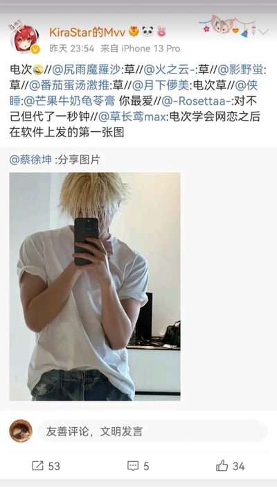这是一张微博平台的社交媒体截图，用户KiraStar的Mvv转发了蔡徐坤发布的金发挡脸自拍，经过多层网友转发玩梗，将这张自拍调侃为《电锯人》角色电次学会网恋后在社交软件发布的第一张图。转发链中的网友纷纷用“草”“电次”等内容接力玩梗，把明星自拍和动漫角色结合，营造出搞笑的二次创作氛围。
梗点说明：电次是《电锯人》中的核心角色，其风格和这张自拍的金发造型被网友联想结合，属于跨ACG与明星的玩梗创作。