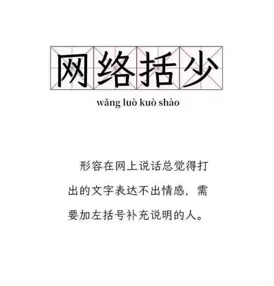 图片展示了一个四字词语“网络括少”的创意设计，四字以田字格形式排列，下方配有拼音标注“wǎng luò kuò shào”。文字内容解释了该词含义：形容在网上说话总觉得打出的文字表达不出情感，需要加左括号补充说明的人。整体设计简洁，以纯文字形式呈现网络流行语的新造词及其定义。