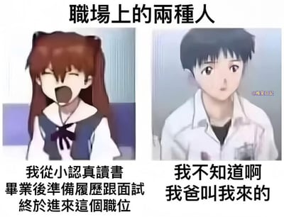这张图将职场人分成两种类型，通过对比表达了社会招聘和背景安排之间的调侃。左侧是认真读书、努力考取职位的“学霸/奋斗型”；右侧则是“拼爹型”，靠家里关系进入职位的人。画面用对照形式展现，内容有点戏谑和无奈，具有讽刺意味，暗示社会中的‘拼爹’现象。

**暗示/双关**：右侧人物台词“我不知道啊我爸叫我来的”，以幽默口吻讽刺现实生活中通过家庭关系进入职场的现象，具有社会层面的双关调侃。