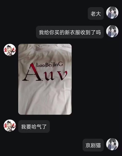 这是一段聊天记录截图，对话双方为“老大”和另一方。“老大”询问对方是否收到自己买的新衣服，对方随即发出这件印着“LaoBeijinG Auv”的白色T恤照片，并表示“我要哈气了”。这里运用了谐音梗：“AUV”是“哎呦喂”的谐音，“哈气”谐音“火气”，表达了对这件尴尬的定制衣服的无语与生气，属于搞笑吐槽网购踩雷的内容。