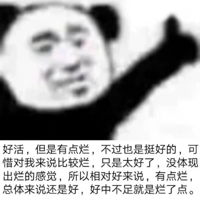 图片主体为经典熊猫头表情包，面部被替换为带有微妙表情的人脸，呈现出似笑非笑、略带尴尬的神态，同时右手向前伸出，手掌张开。图片下方配有一段充满矛盾的文字：“好活，但是有点烂，不过也是挺好的，可惜对我来说比较烂，只是太好了，没体现出烂的感觉，所以相对好来说，有点烂，总体来说还是好，好中不足就是烂了点。” 这段文字通过反复在“好”与“烂”之间摇摆，形成强烈的自我矛盾感，以幽默的方式表达对某事物的复杂评价。