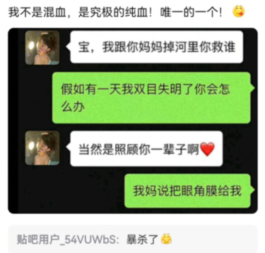 这是一张图文混排的聊天记录截图，顶部配有文字“我不是混血，是究极的纯血！唯一的一个！😎”，暗示自己与母亲的亲密联结。图中模拟了情侣间的经典问答对话：聊天者A先抛出“我跟你妈妈掉河里你救谁”的送命题，聊天者B转而提问“假如有一天我双目失明了你会怎么办”，得到聊天者A“当然是照顾你一辈子啊❤️”的口头承诺后，聊天者B立刻回应“我妈说把眼角膜给我”，用母亲愿意为自己付出器官的实际行动，对比对方的空口承诺，形成强烈反差，制造出“反杀”的搞笑效果。底部是百度贴吧用户“54VUWbS”的评论“暴杀了😅”，点出该回答的犀利之处，整体内容通过亲情与情侣承诺的对比，凸显亲情的厚重，同时带来幽默的笑点。