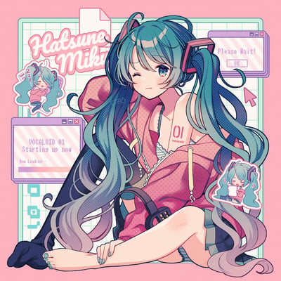 这是一幅以复古电脑UI为主题的初音未来同人插画，画面中心的虚拟歌手初音未来穿着粉色波点外套，露出带有「01 VOCALOID」标识的肩膀，标志性的蓝绿色双马尾带着自然卷曲，单眼眨眼，神态慵懒困倦，仿佛刚启动加载完成。背景是粉绿网格边框，搭配复古电脑窗口元素：左下角窗口显示「VOCALOID 01 Starting up now Now Loading…」的加载提示，右上角是「Please Wait! OK」的等待弹窗，还有三个小贴纸样式的初音小形象，分别是打盹睡觉、打哈欠看东西的状态，整体色调柔和粉嫩，将虚拟歌手的设定与电脑启动加载的场景结合，营造出软萌慵懒的氛围。