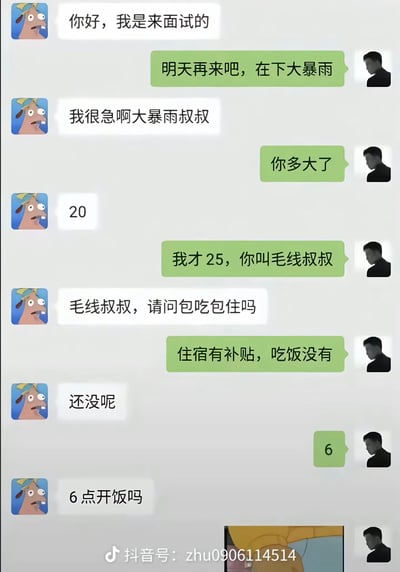 这是一张模拟面试对话的搞笑梗图。蓝色卡通狗角色前来面试，因面试官说“在下大暴雨”而误称对方“大暴雨叔叔”，得知面试官仅25岁后改口“毛线叔叔”。后续对话中，当面试官回复“6”时，狗狗误以为是“6点开饭”，全程充满因谐音和误解产生的幽默效果，展现了年轻人面试中的趣味互动。