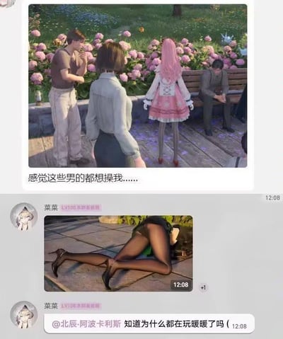 这张图片展示了一个社交媒体聊天界面，包含两张游戏截图。第一张截图显示了一个花园场景，有几个动画人物，包括一个粉色头发穿着洛丽塔风格服装的女孩。第二张截图展示了一个女性角色躺在地上，突出显示了她的黑色丝袜和高跟鞋。聊天内容包含文字："感觉这些男的都想操我......"和"@北辰·阿波卡利斯 知道为什么都在玩暖暖了吗"。