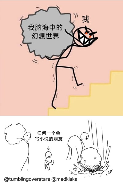 这是一张上下拼接的对比连环火柴人漫画，用夸张的画面展现了创作表达上的反差：上半部分，标注为“我”的火柴人表情狰狞、双眼发红，露出尖牙，吃力地扛着一块写有“我脑海中的幻想世界”的大石头爬楼梯，生动表现出脑海中有着庞大、丰富的幻想内容，但自己却无法将其转化为具体的文字，被这份沉重的想法压得举步维艰；下半部分，标注为“任何一个会写小说的朋友”的火柴人轻松淡定，他将这块代表幻想世界的大石头扔在地上，石头瞬间摔得粉碎，旁边的“我”垂头丧气地看着这一幕。整个漫画用强烈的画面反差，幽默调侃了很多人有丰富创作想法却难以输出，而擅长写作的人能轻松将脑海中的想法落地的创作困境。