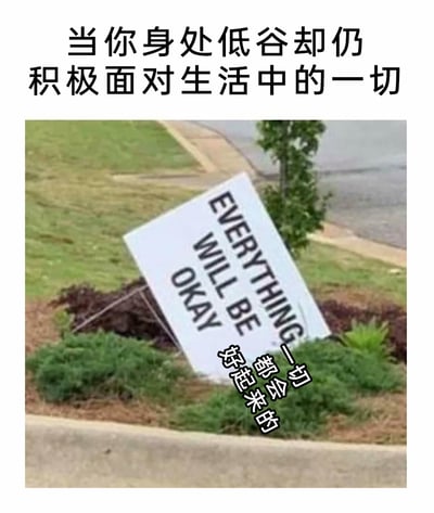 这是一张传递励志情绪的梗图，顶部配有中文文字“当你身处低谷却仍积极面对生活中的一切”，画面主体是一块倾倒在路边绿化带里的白色标语牌，牌面上印有英文励志标语“EVERYTHING WILL BE OKAY”，标语牌下方还配有中文翻译“一切都会好起来的”。倾倒的标语牌对应了“身处低谷”的低落状态，而标语本身的积极内容又和配文一起，传递出在困境中依然保持乐观、积极面对生活的态度，用这种反差感让励志的情绪更有代入感，能够鼓励处于人生低谷的人重拾信心，相信未来会变好。