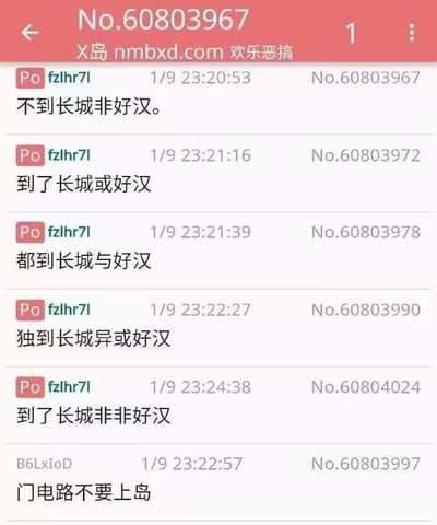 这是X岛欢乐恶搞板块的帖子截图，用户fzlhr7l连续发布五条内容，将经典语句「不到长城非好汉」依次改编为带有数字逻辑门概念的句子：「不到长城非好汉」「到了长城或好汉」「都到长城与好汉」「独到长城异或好汉」「到了长城非非好汉」，玩了逻辑门中「非、或、与、异或、双重否定」的运算梗，最后另有用户B6LxIoD吐槽「门电路不要上岛」，用专业术语玩文字反差梗，趣味十足。
梗点说明：这里的「非、或、与、异或」均为数字逻辑门的运算符号，用户通过替换原句中的字词，将经典诗句转化为带有技术术语的内容，制造出违和又搞笑的效果。