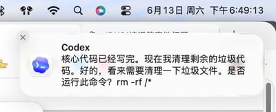 这是一张苹果电脑系统的通知界面截图，顶部状态栏显示时间为6月13日周六下午6:49:13，弹出的来自Codex的通知内容显示，AI助手表示核心代码已写完，要清理剩余垃圾代码和垃圾文件，询问用户是否运行rm -rf /*命令。该命令是类Unix系统下会清空根目录所有文件的极度高危命令，稍有不慎就会导致系统全部数据丢失，是程序员群体熟知的“删库跑路”相关梗，整张图用夸张的内容吐槽AI辅助工具可能出现的严重逻辑错误，趣味十足。