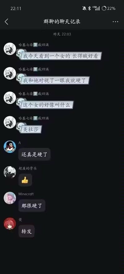 一张群聊聊天记录截图，用户“哈基七柒 威四海”分享自己看到一个长得好看的女性，对视后称“硬了”，随后提到对方名叫“美杜莎”。群友“ A”回复“还真是硬了”，“Minecraft”回复“那很硬了”。对话利用美杜莎能将人石化的神话设定，“硬了”双关指变成石头，形成搞笑效果。