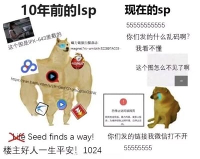 本图是一张以网络宅文化为核心，突出“10年前的sp”和“现在的sp”对比搞笑的梗图。左侧的强壮doge象征曾经资源获取能力极强、技术流的老司机，熟练掌握各种网盘、磁力、种子、电驴工具，台词充满技术味和网络热词。右侧的瘦弱doge则表现为现代sp，只会哭泣，对各种资源链接无能为力，经常遭遇资源失效，评论区充满“看不懂”“打不开”之类的求助与哀嚎，代际差异明显，风格幽默自嘲。

**图中有大量怀旧、技术宅、老司机专属双关和网络用语，整体为娱乐自嘲类型。**