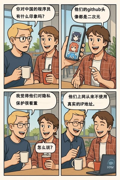 这是一幅四格连环卡通漫画，场景设定在咖啡馆中，两位外国男性围绕中国程序员展开趣味讨论：
1. 蓝衣服男性询问对方对中国程序员的印象；
2. 红格子男性展示手机里的二次元头像，表示中国程序员的GitHub头像多是二次元风格；
3. 蓝衣服男性提出中国程序员很看重隐私保护，红格子男性疑惑询问原因；
4. 蓝衣服男性调侃称“他们上网从来不使用真实的IP地址”，同时画面里红格子男性的电脑显示VPN标识。

梗点解析：该图用调侃的方式，结合中国程序员因网络环境常用VPN、GitHub偏好二次元头像的真实情况，将使用VPN的行为戏称为“看重隐私保护”，带有自嘲和圈层调侃的趣味。