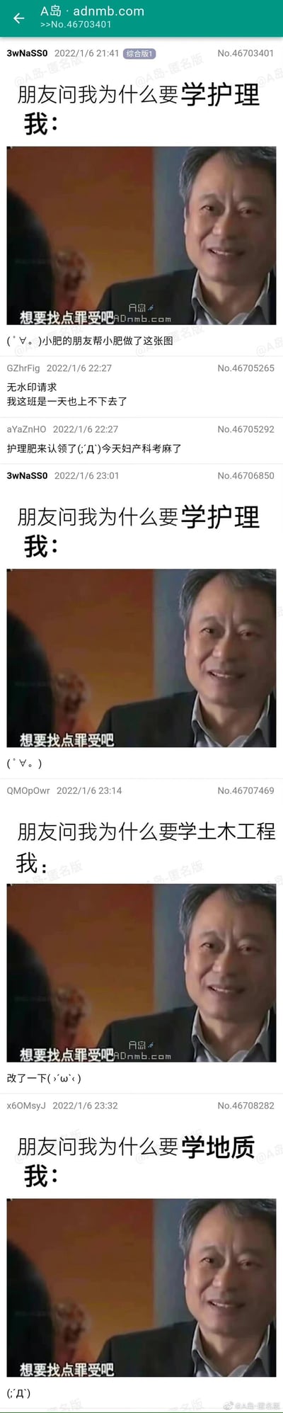 这是A岛匿名版的一则帖子内容，用户3wNaSS0首先发布了护理专业的自嘲梗图，用导演李安的采访截图配文“想要找点罪受吧”，回应朋友“为什么学护理”的问题，表达对护理专业学习和工作辛苦的无奈。后续其他用户跟进，将梗图改编为土木工程、地质专业的版本，评论区用户也留言表达上班的疲惫，整体是通过网络梗图的形式，让不同专业的学生和职场人抒发对自身行业的吐槽与自嘲，引发共鸣。