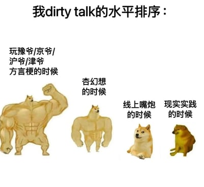 这张梗图通过四个不同形态的柴犬形象，幽默地展示了一个人在不同场景下的dirty talk水平差异。最左侧是肌肉发达的柴犬，代表玩方言梗时的高水平；中间是中等肌肉的柴犬，代表杏幻想时的水平；右侧是普通柴犬和小型柴犬，分别代表线上嘴炮和现实实践时的水平，形成鲜明对比，突出了网络与现实中的能力差距。