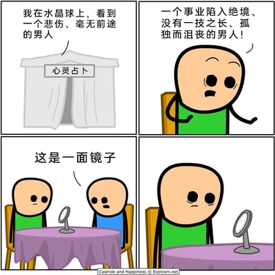 这是一幅四格连环漫画，以黑色幽默的方式展现了一个扎心的自我认知场景。第一格呈现了一个挂着“心灵占卜”标牌的白色帐篷，营造出神秘的占卜氛围；第二格中，穿绿色衣服的顾客坐在椅子上，一脸沮丧又带着惊讶地诉说，称自己在“水晶球”里看到了一个悲惨的男人，对方事业陷入绝境、没有一技之长，孤独又沮丧；第三格切换到顾客对面，穿蓝色衣服的占卜师平静地告知他“这是一面镜子”；第四格是顾客独自看着桌上的镜子，表情失落又落寞，原来他口中那个悲惨的男人就是他自己。漫画通过占卜的荒诞形式，讽刺了部分人在面对自身职场与生活困境时的逃避心态，直到被点破才不得不直面残酷的现实，精准戳中了当代人的职场焦虑与自我认知的错位。