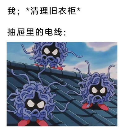 这是一张搞笑生活梗图，采用图文结合的形式：上方文字分为两部分，第一部分标注“我；*清理旧衣柜*”，第二部分标注“抽屉里的电线：”；下方配图是《宝可梦》动画中的蔓藤怪，三个蔓藤怪浑身缠绕着杂乱的紫色藤蔓，表情严肃地站在屋顶上，藤蔓随意伸展。图中用蔓藤怪杂乱的藤蔓形象，拟人化地比喻旧衣柜抽屉里缠绕在一起、乱作一团的电线，生动吐槽了人们清理旧衣柜时，面对纠缠不清的电线的无奈感，形象还原了电线仿佛“成精占领地盘”的杂乱状态，充满趣味性。