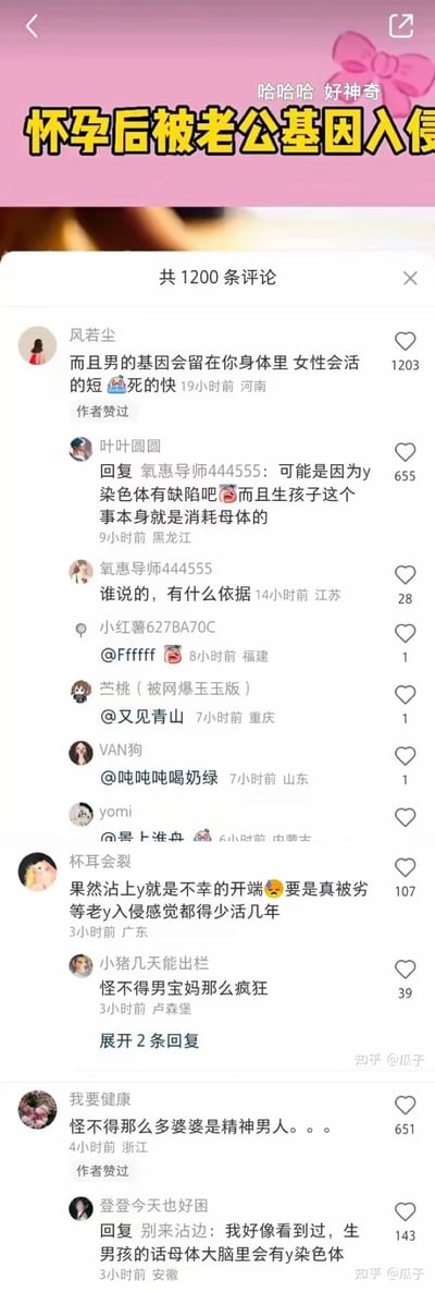 这是一张竖屏的小红书评论区截图，顶部配有醒目的黄色标题“怀孕后被老公基因入侵”和粉色小字“哈哈哈 好神奇”。评论区共有1200条评论，展示了多位用户围绕“男性基因会导致女性寿命缩短”“Y染色体是不幸开端”等极端性别对立观点的讨论：有用户声称男性基因会留在女性体内导致女性短寿，有用户将Y染色体称为“劣等老y”，认为沾上Y就是不幸的开端，还有用户关联生育男宝对母体的消耗、男宝妈妈的行为以及婆婆的相关表现，整体评论充满对男性及Y染色体的负面偏见，部分评论还围绕该观点的依据展开争论。