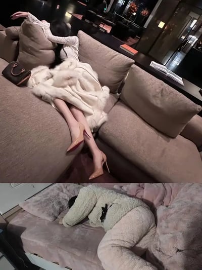 这是一张上下拼接对比梗图，上半部分是一位穿着精致、打扮亮丽的女生瘫坐在高级场所的沙发上，外套毛皮大衣、脚踩高跟鞋，气场全开；下半部分则是同一风格或同一人物，穿着居家睡衣窝在床上，摆出极度懒散、松弛的姿势。画面对比鲜明，呈现出女生“外出精致、回家随意”的强烈反差。适合用来形容人们在外和在家的两种截然不同的生活状态，带有轻松和调侃的意味。

没有出现明显的谐音梗或暗示。
