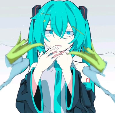 图中呈现的是虚拟歌手初音未来，她双眼噙满泪水，脸上挂着泪痕与冷汗，双手抵在自己的脖颈处，正处于挣扎的状态。一双青绿色的幽灵般的手从画面两侧伸出，扼住了她的脖子，整体氛围压抑，传递出强烈的痛苦与无助感，仿佛角色正被某种无形的力量束缚折磨。