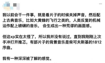 这是一张纯文字图片，内容描述了作者的一个特殊习惯：看片子时关掉声音配上古典音乐，如大黄蜂的飞行等，认为人类反复的机械运作配上磅磅的音乐能产生荒谬的画面感。作者自嘲这种xp太怪所以没说过，直到有次发现某部片子的背景音乐是柴可夫斯基的1812序曲，产生了深深被了解的感觉。