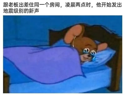 这张梗图展示了一个职场幽默场景：与老板出差同住一间房，老板在凌晨两点发出"地震级别"的鼾声。图片中是卡通角色Baloo（巴鲁熊）躺在床上，盖着紫色被子，戴着眼镜，睁着大眼睛露出惊恐表情，完美诠释了面对老板震天响鼾声时的无奈与震惊。