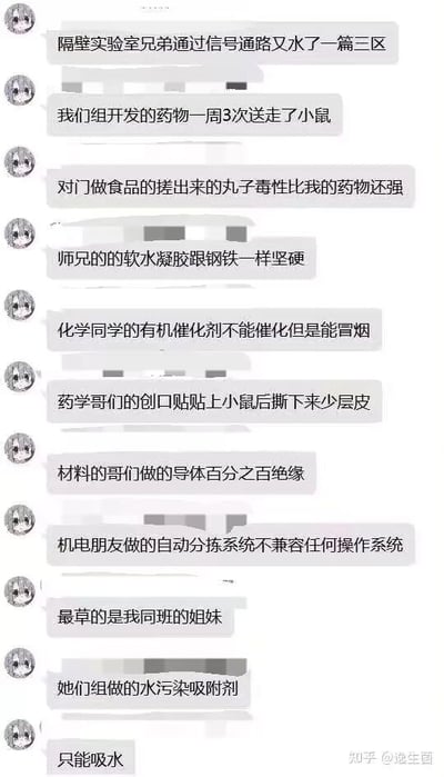 这是一张聊天记录截图，内容为一位匿名科研从业者对科研圈各类离谱“反向成果”的趣味吐槽。内容涵盖多个科研领域的失败案例：隔壁实验室靠信号通路“水”论文；自家开发的药物毒性过强，多次给药后导致小鼠死亡；食品方向的丸子毒性比药物还大；本该柔软的水凝胶坚硬如钢铁；有机催化剂无法催化反应却会冒烟；药学创口贴粘性过强，撕下时带走小鼠皮肤；材料领域的导体完全不导电呈绝缘状态；机电方向的自动分拣系统不兼容任何操作系统；同班姐妹组的水污染吸附剂毫无吸附污染物的能力，只能吸水。这些吐槽用夸张幽默的方式展现了科研过程中常常遇到的意外与无奈，极易引发科研从业者的共鸣。