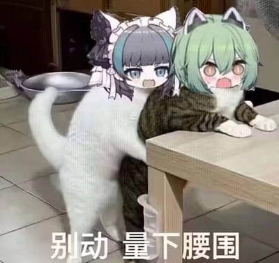 这是一张网友自制的搞笑P图梗图，将真实猫咪照片中的猫咪头部替换为二次元游戏角色的头像：左侧是《碧蓝航线》的柴郡，头像带着女仆猫耳发饰，表情惊讶；右侧是《少女前线》的G11，绿发猫耳，表情惊恐委屈。画面里白色猫咪的身体姿势像是在给趴在桌边的狸花猫咪测量腰围，下方配文“别动 量下腰围”，结合角色的可爱形象，营造出既搞笑又软萌的氛围，用来调侃体重、腰围相关的话题，没有双关或谐音梗。