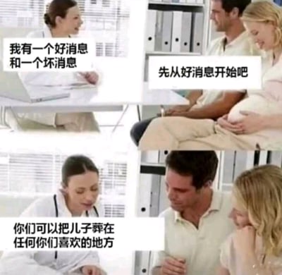 这是一张由三格画面组成的连环静态梗图，呈现了医生与一对准父母的对话场景。第一格画面：穿着白大褂的医生坐在桌前，微笑着对对面的准父母说“我有一个好消息和一个坏消息”；第二格画面：怀着孕的准妈妈和身旁的准爸爸面带期待，回应“先从好消息开始吧”；第三格画面：医生表情严肃地告知“你们可以把儿子葬在任何你们喜欢的地方”，此时准父母神情瞬间转为悲伤失落。这张图利用反转的黑色幽默，打破了“好消息+坏消息”的常规预期，所谓的“好消息”实际是一个残酷的玩笑，暗示胎儿已经夭折，通过医疗场景的严肃感与对话的荒诞反转形成强烈反差，制造出冲击性的搞笑效果。