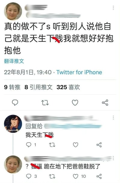 这张图片是一个推特(Twitter)对话截图，显示了一个关于自我贬低言论的讨论。上方是一条主推文，内容为："真的做不了s 听到别人说他自己就是天生下贱我就想好好抱抱他"，其中"下贱"一词被红色线条部分遮盖。推文下方显示了发布时间为22年8月1日19:40，来自Twitter for iPhone，以及互动数据(9转推、8引用推文、325喜欢)。

下方是对话回复，一个用户回复"我天生下贱"(其中"下贱"被红色线条遮盖)，随后原作者回复"? 强逼 跪在地下把爸爸鞋脱了"(其中"强逼"被红色线条遮盖)。所有用户头像和用户名都经过模糊处理以保护隐私。