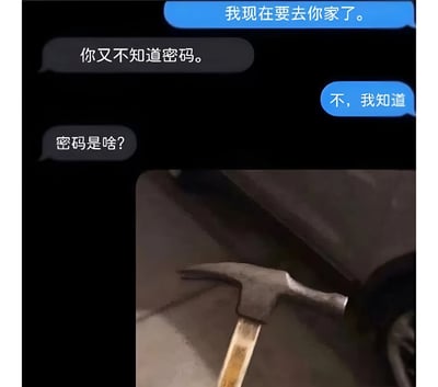 图片上半部分是一段聊天对话，蓝色气泡（发送者）说“我现在要去你家了。”，灰色气泡（接收者）回复“你又不知道密码。”，发送者接着说“不，我知道”，接收者反问“密码是啥?”。下半部分是一张锤子的特写照片，暗示所谓的“知道密码”其实是要用锤子破门而入，通过对话与图片的反差制造幽默效果。
