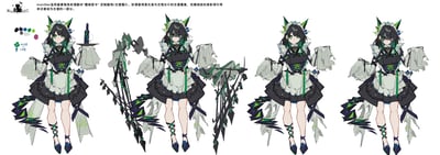 这是明日方舟“巫异盛宴”角色扮演剧本“魔城密令”的定制服饰设计稿，角色为mon3ter化身的「古堡魔仆」，以古怪女仆的形象呈现。图中展示了该角色的四种不同状态：第一种是手持放有酒瓶与酒杯的托盘的优雅女仆姿态，第二种和第四种是脸部带有异化特征的魔兽形态，第三种是面带微笑的俏皮女仆姿态，同时还呈现了角色的专属装饰性道具。整体服饰以黑、白、绿、深蓝为主色调，将经典女仆装与哥特风格结合，搭配四叶草与十字架的细节装饰，既保留女仆的优雅俏皮感，又凸显魔兽的怪异神秘气质，设定中该角色会引导来访者成为古堡的一部分。