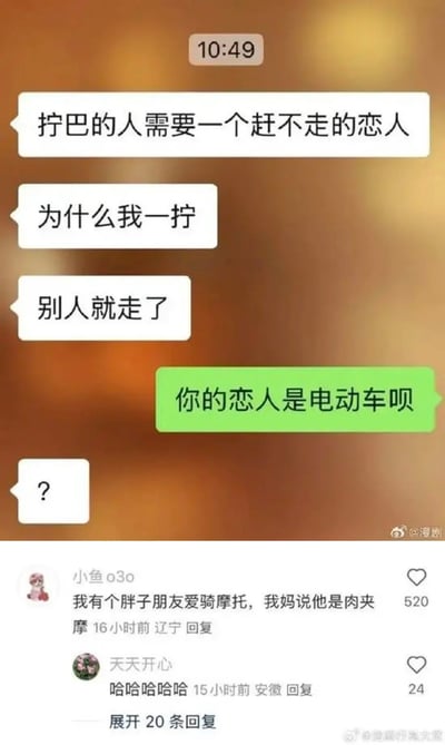 聊天记录截图中，用户调侃“拧巴的人需要一个赶不⾛的恋⼈”，当被问及“为什么我⼀拧别⼈就⾛了”时，对方幽默回复“你的恋⼈是电动⻋呗”，引发搞笑互动。下方评论区有网友分享趣事：“我有个胖子朋友爱骑摩托，我妈说他是肉夹馍”，并收获“哈哈哈哈”的回应，整体充满轻松诙谐的氛围。