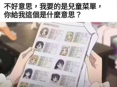 这是一张二次元搞笑梗图，上方配有吐槽文字：“不好意思，我要的是儿童菜单，你给我这个是什么意思？”，下方展示一双手拿着一张印有多张《偶像大师 灰姑娘女孩 U149》里低龄偶像少女头像及信息的表格。图中玩了概念偷换的梗，将“儿童菜单”的“儿童”偷换为二次元语境里的低龄萝莉偶像，用点餐要儿童餐菜单却拿到萝莉名单的荒诞反差制造笑点，调侃了对这类低龄二次元角色的特殊喜好。