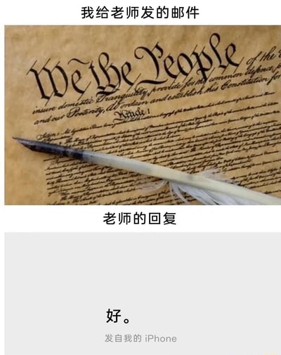 这是一张上下结构的对比梗图，上半部分标注“我给老师发的邮件”，配图为带有羽毛笔的美国宪法文件，用这份正式、长篇的法律文件来夸张表现学生给老师发邮件时，花费大量精力撰写，内容极其正式且篇幅冗长的状态；下半部分标注“老师的回复”，仅展示了一句简短的“好。”，还附带“发自我的iPhone”的标识，通过这种学生的过度重视、正式，与老师回复的极度简洁之间的强烈反差，生动调侃了师生沟通中的常见场景，充满了生活化的幽默。