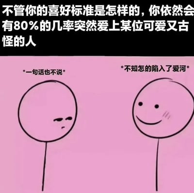 图片上半部分为黑色背景白色文字：“不管你的喜好标准是怎样的，你依然会有80%的几率突然爱上某位可爱又古怪的人”。下半部分为粉色背景，左侧是一个表情中性略带困惑的 stick figure，上方配有文字“*一句话也不说*”；右侧是一个面带微笑且脸红的 stick figure，上方配有文字“*不知怎的陷入了爱河*”。整体通过简洁的卡通形象和文字表达了人们可能会突然爱上性格独特之人的情感主题。