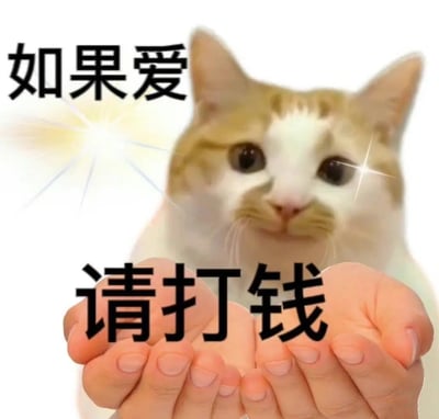 这张图是一张极具调侃色彩的猫咪表情包，画面是一只无辜可爱的橘白猫，前面合成了双手呈讨要姿势，配以大字“如果爱请打钱”。整体透露着撒娇、卖萌的气息，常用来半开玩笑地向朋友索要红包、零花钱。带有轻松、幽默的双关意味，将“爱”和“金钱”戏谑地捆绑在一起。