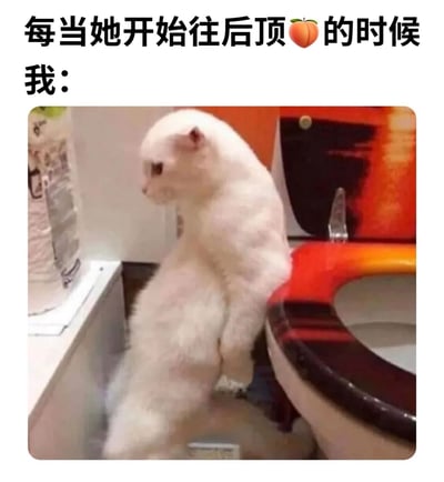 图片上方有文字'每当她开始往后顶🍑的时候 我：'，下方是一只白色猫咪站立在马桶旁，回头看向后方，表情看起来有些惊讶或警惕。这里使用了桃子emoji🍑作为臀部的隐喻，形成了一个带有性暗示的幽默场景，猫咪的反应被用来搞笑地表现面对这种情况时的反应。
